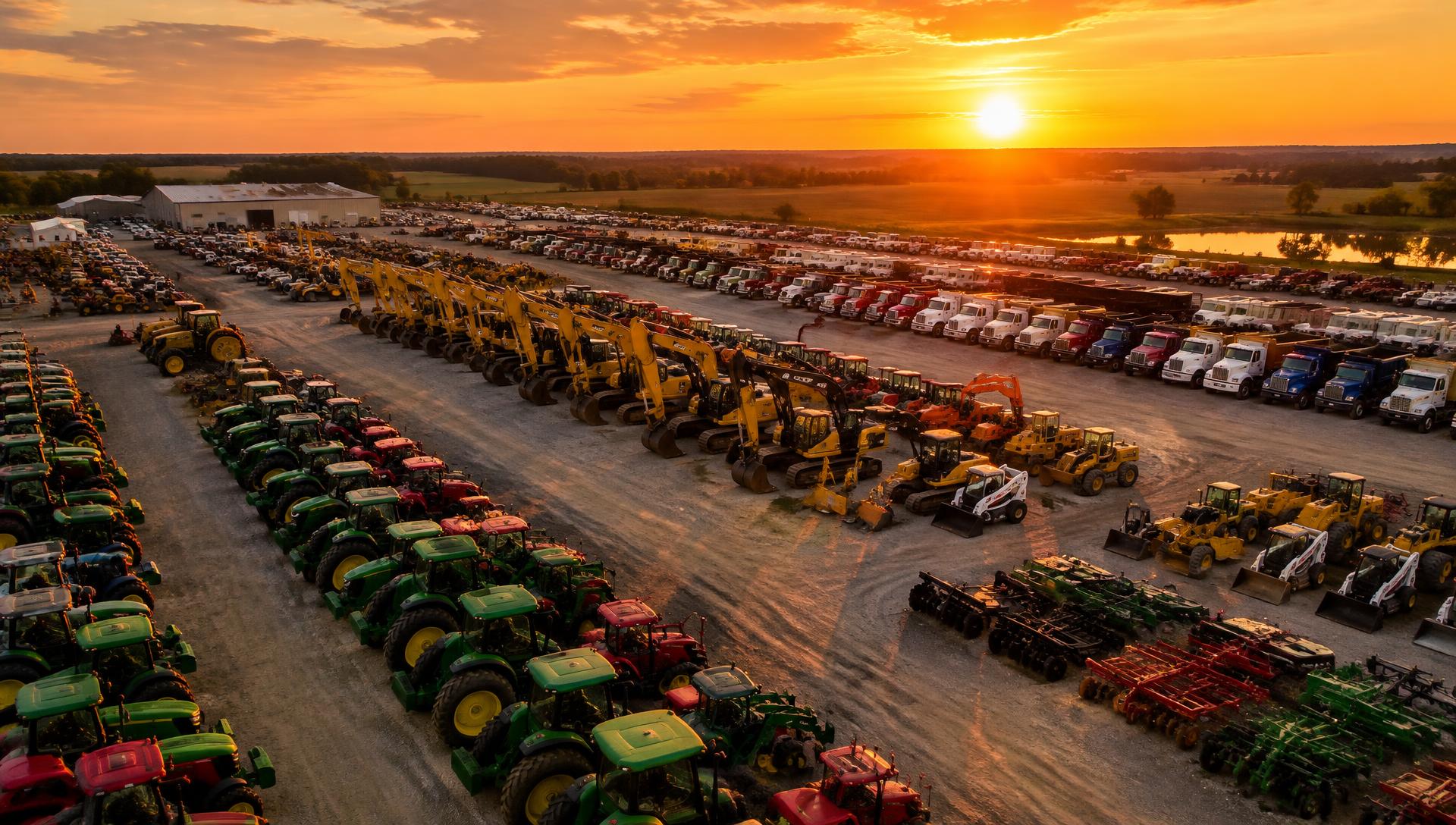 Equipment auction yard at sunset