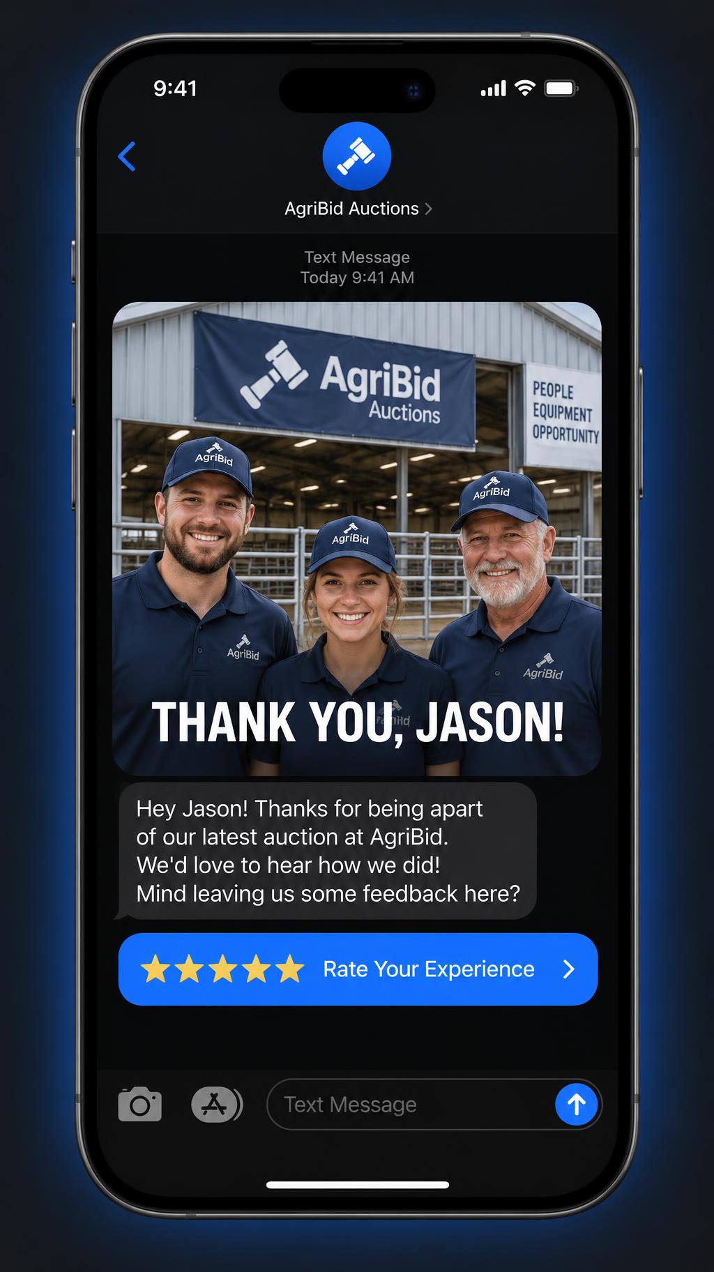 Example review request text message with a team photo that has the buyer's name printed on it